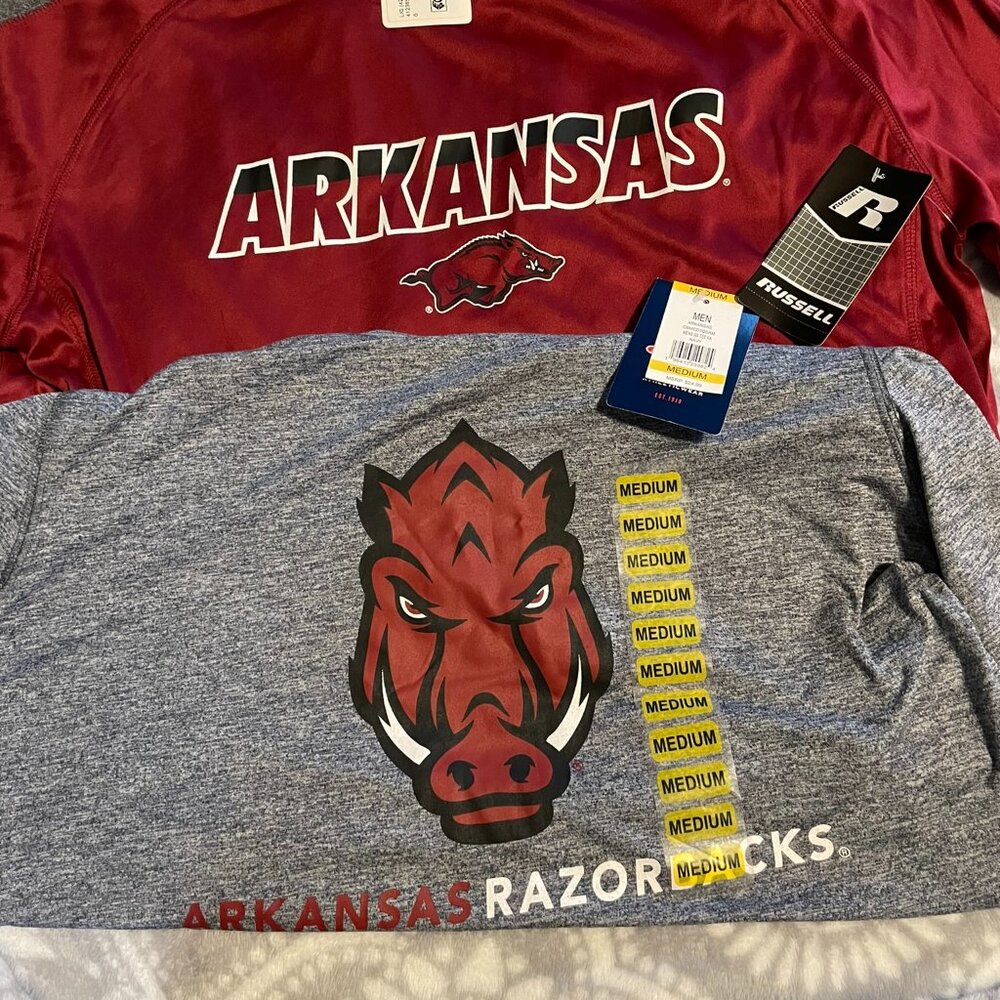Two Arkansas Razorbacks shirts (M & L) both NWT, excellent condition
